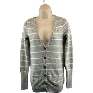 Hollister Girls Youth Cardigan Sweater Sz Medium Gray V-Neck Long Sleeve Striped